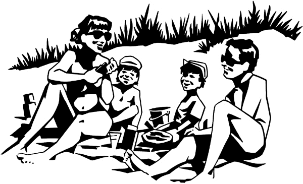 Family on blanket at the beach vinyl sticker. Customize on line. Summer 088-0205